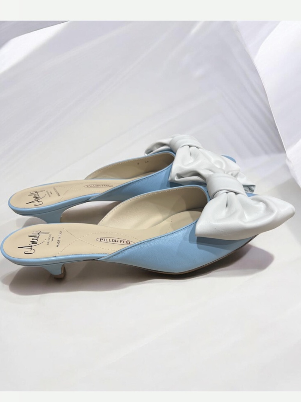 Amalfi Light Blue Slip-On Leather Mules with White Bow Accent 8